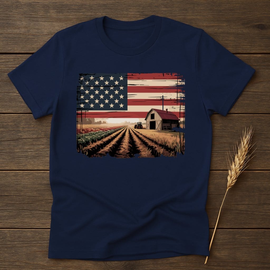 MyDesigns Physical Item S / Navy USA Flag Farm Tractor Barn T-Shirt