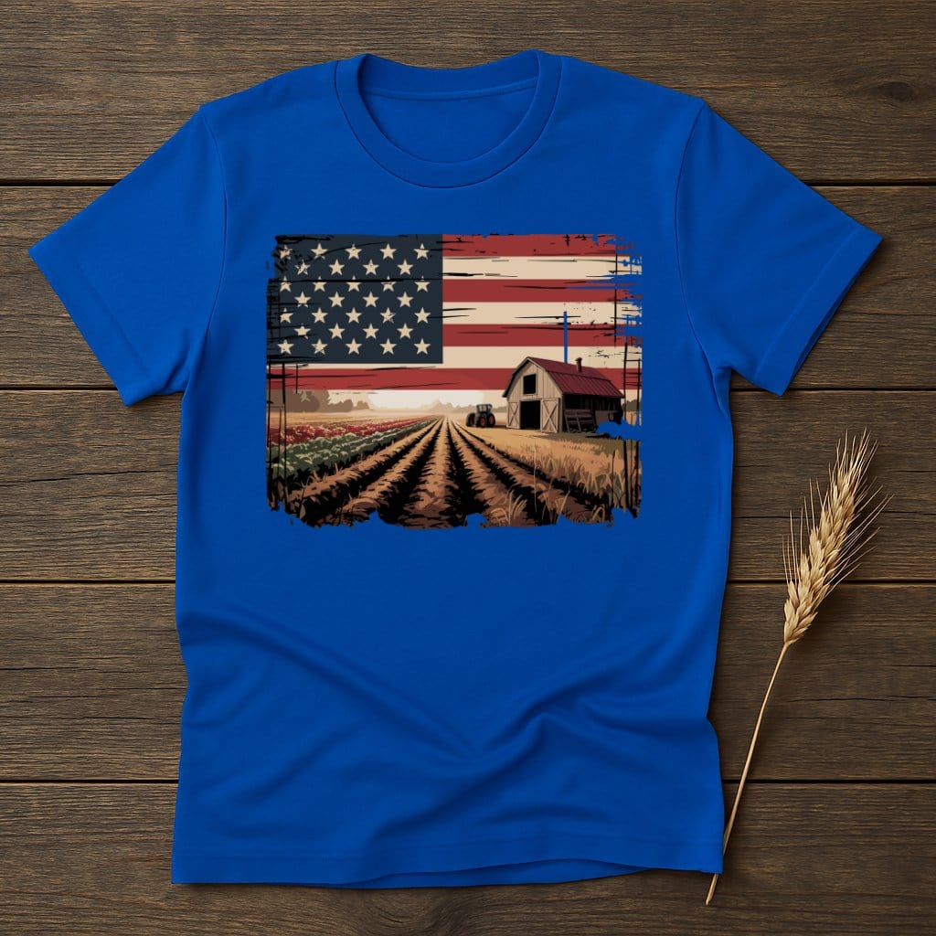 MyDesigns Physical Item S / Royal USA Flag Farm Tractor Barn T-Shirt