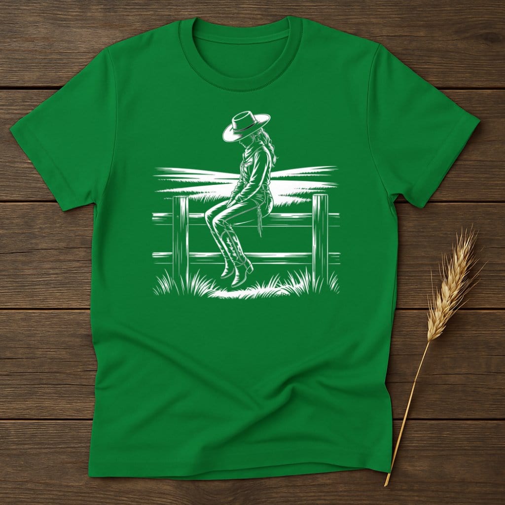 MyDesigns Silhouette Shirt S / Irish Green Cowgirl On A Fence T-Shirts