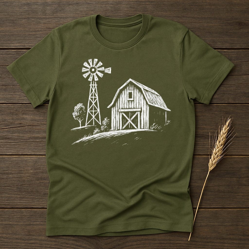 MyDesigns Silhouette Shirt S / Military Green Barn with Windmill T-Shirt