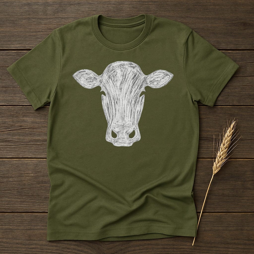 MyDesigns Silhouette Shirt S / Military Green Cow Head Drawing T-Shirt