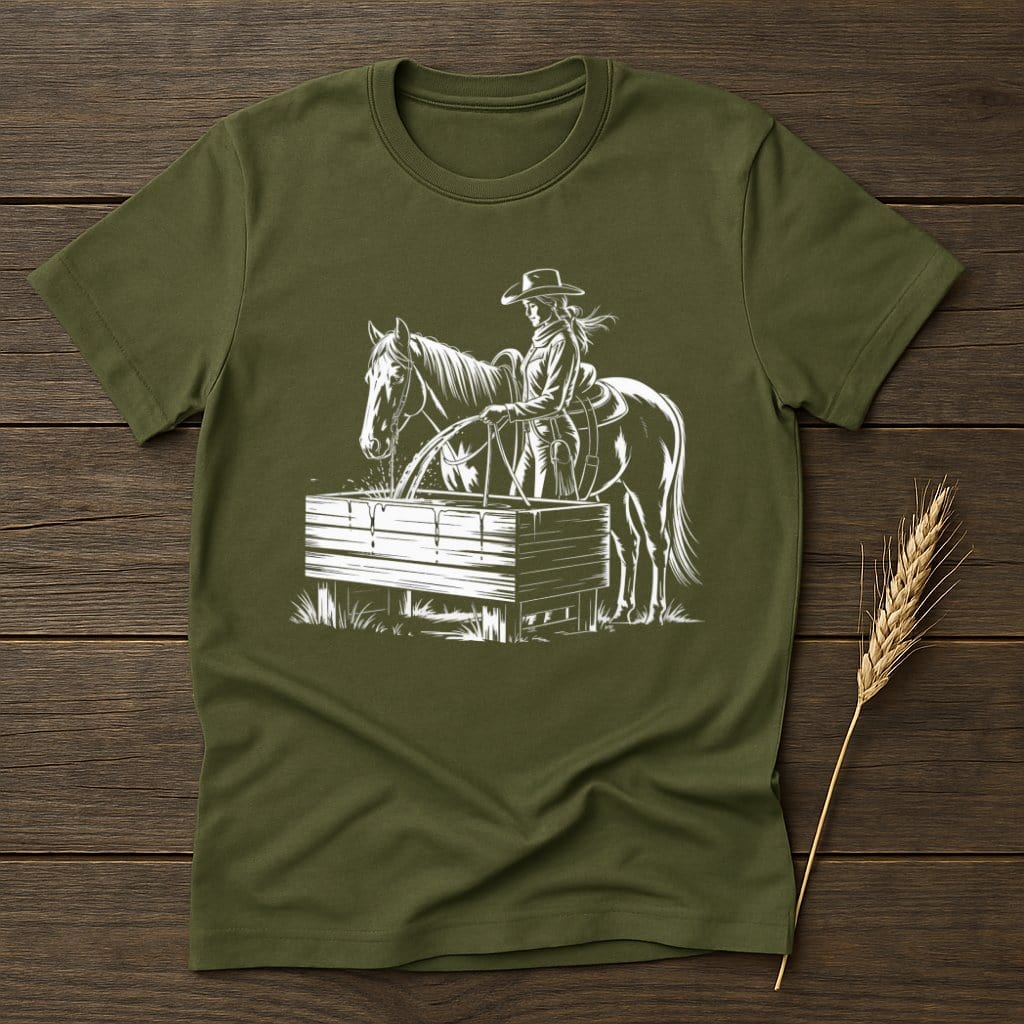 MyDesigns Silhouette Shirt S / Military Green Cowgirl Horse Drink Water T-Shirts