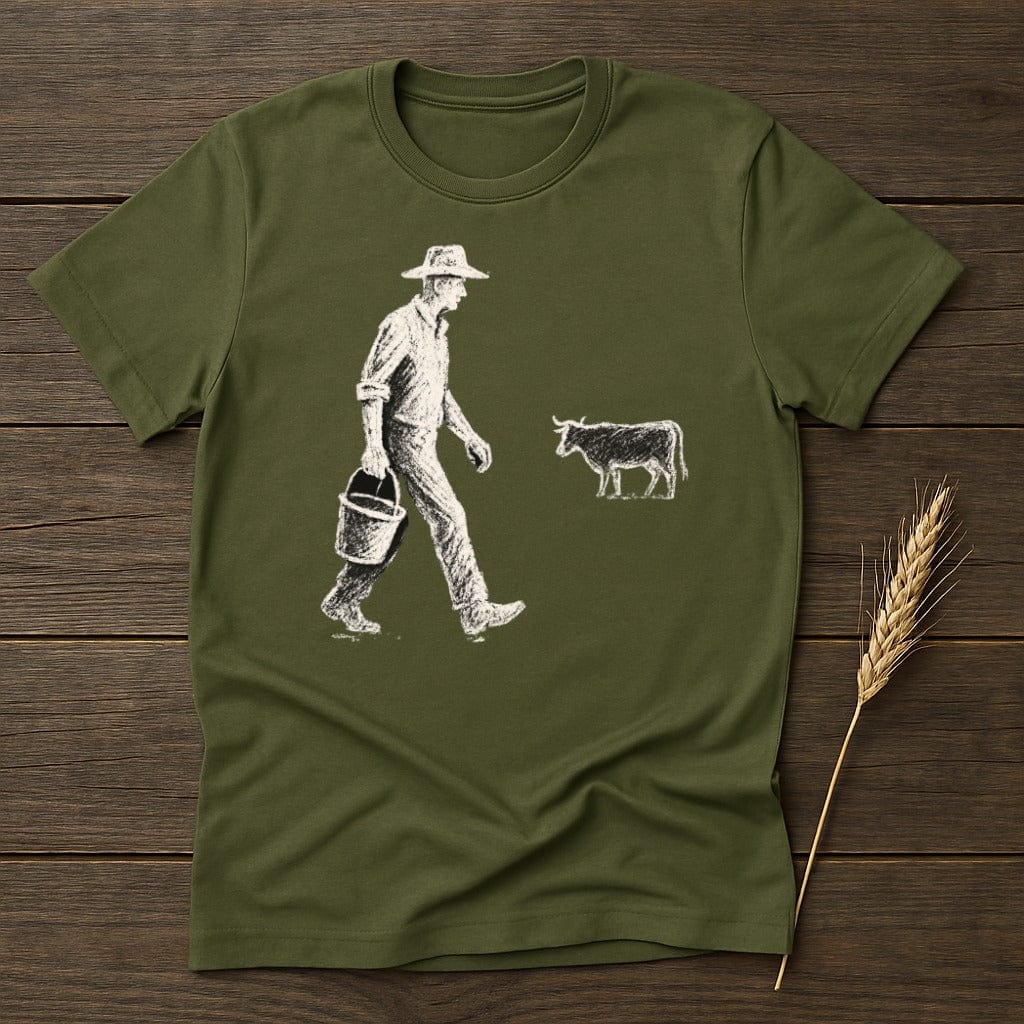 MyDesigns Silhouette Shirt S / Military Green Man with a Bucket And Cow T-Shirt