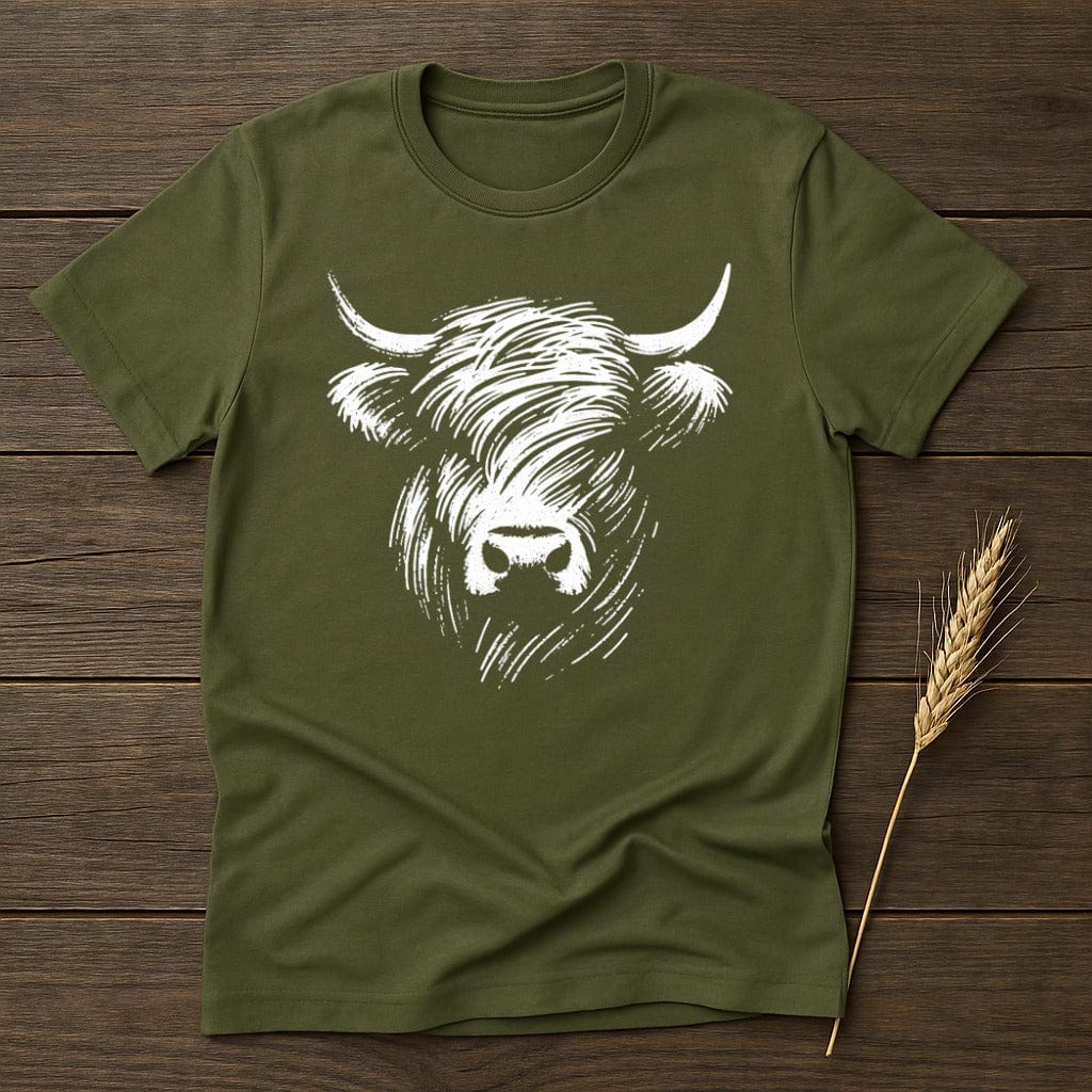 MyDesigns Silhouette Shirt S / Military Green Sketch Highland Cow T-Shirt