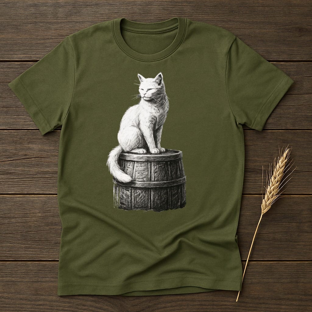 MyDesigns Silhouette Shirt S / Military Green White Cat Atop Wooden Barrel T-Shirt