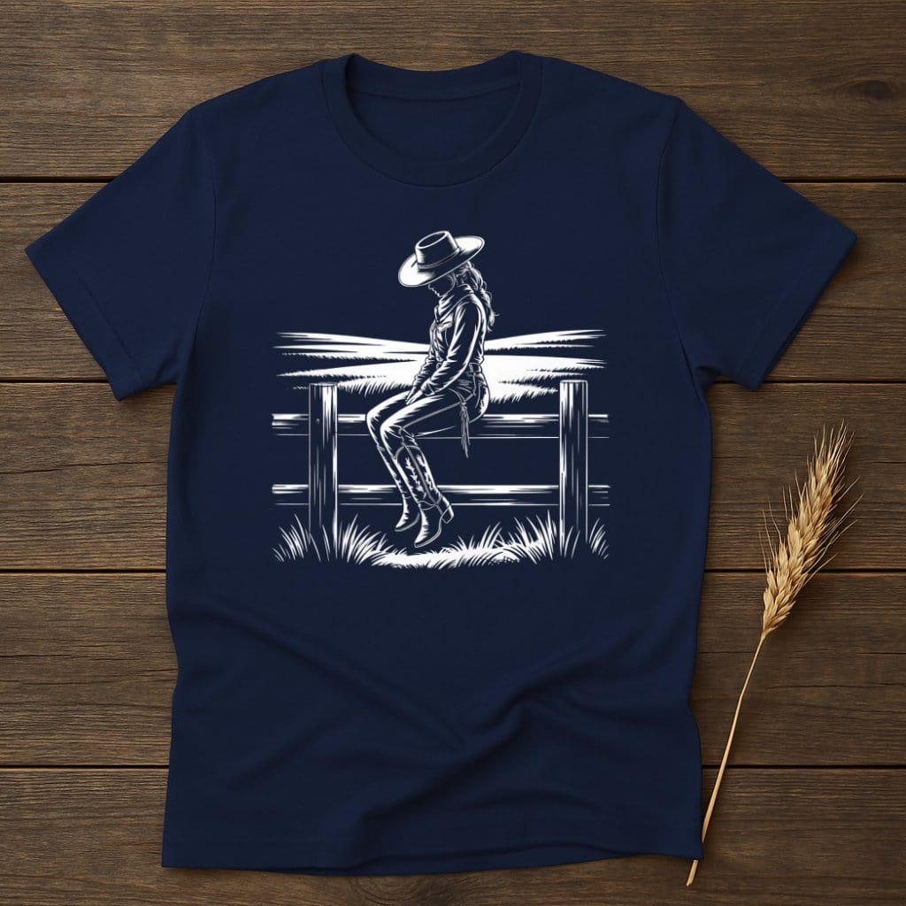 MyDesigns Silhouette Shirt S / Navy Cowgirl On A Fence T-Shirts