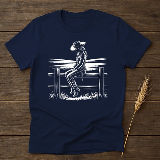 MyDesigns Silhouette Shirt S / Navy Cowgirl On A Fence T-Shirts