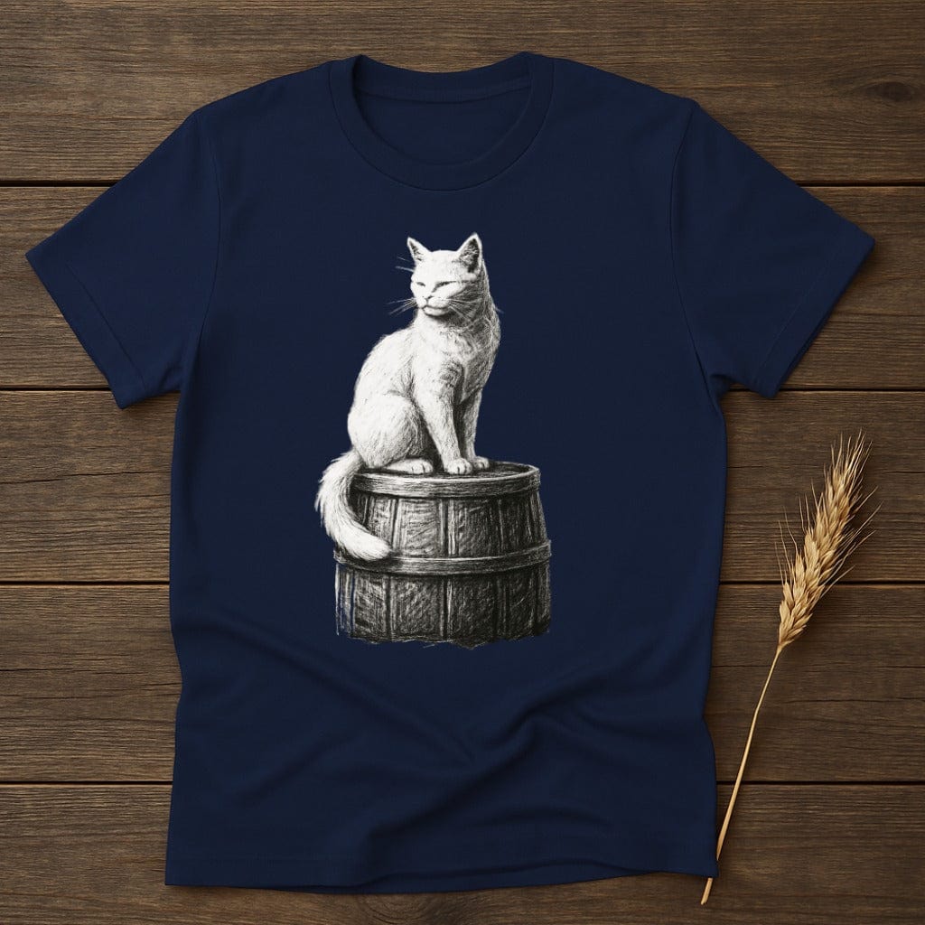 MyDesigns Silhouette Shirt S / Navy White Cat Atop Wooden Barrel T-Shirt