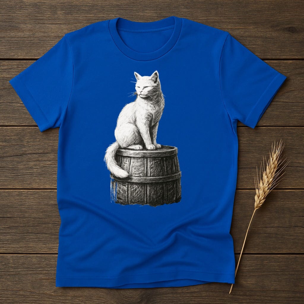 MyDesigns Silhouette Shirt S / Royal White Cat Atop Wooden Barrel T-Shirt